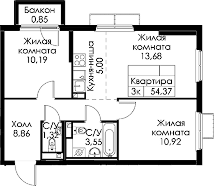 2-комнатная квартира 54.37 м², 9/15 эт., ЖК «Янинский лес»